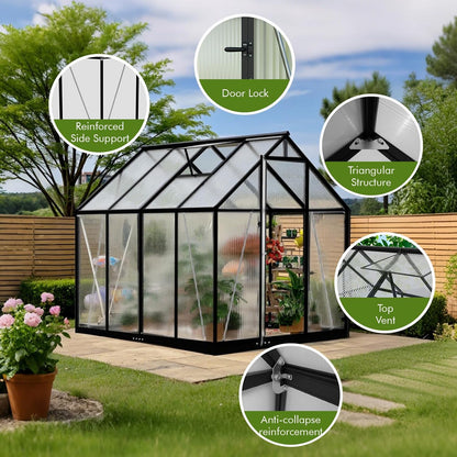 JAIOO 6x8FT Polycarbonate Greenhouse with Aluminum Frame