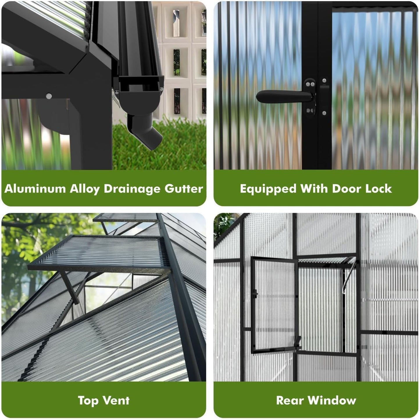 JAIOO 10x12FT Polycarbonate Greenhouse with Aluminum Frame