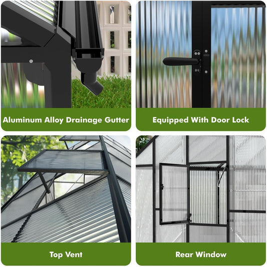 JAIOO 10x12FT Polycarbonate Greenhouse with Aluminum Frame