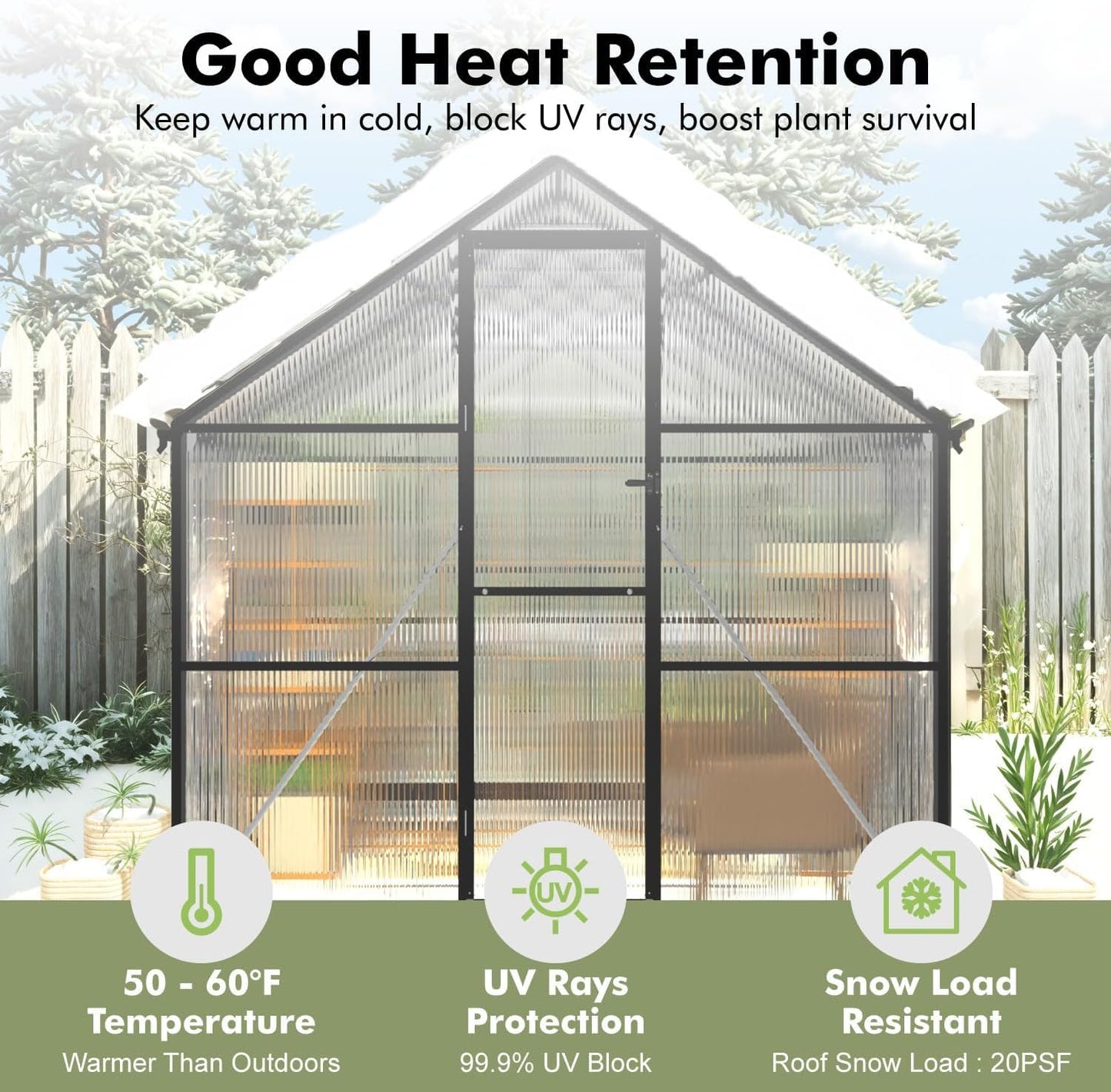 JAIOO 8x10FT Polycarbonate Greenhouse with Aluminum Frame