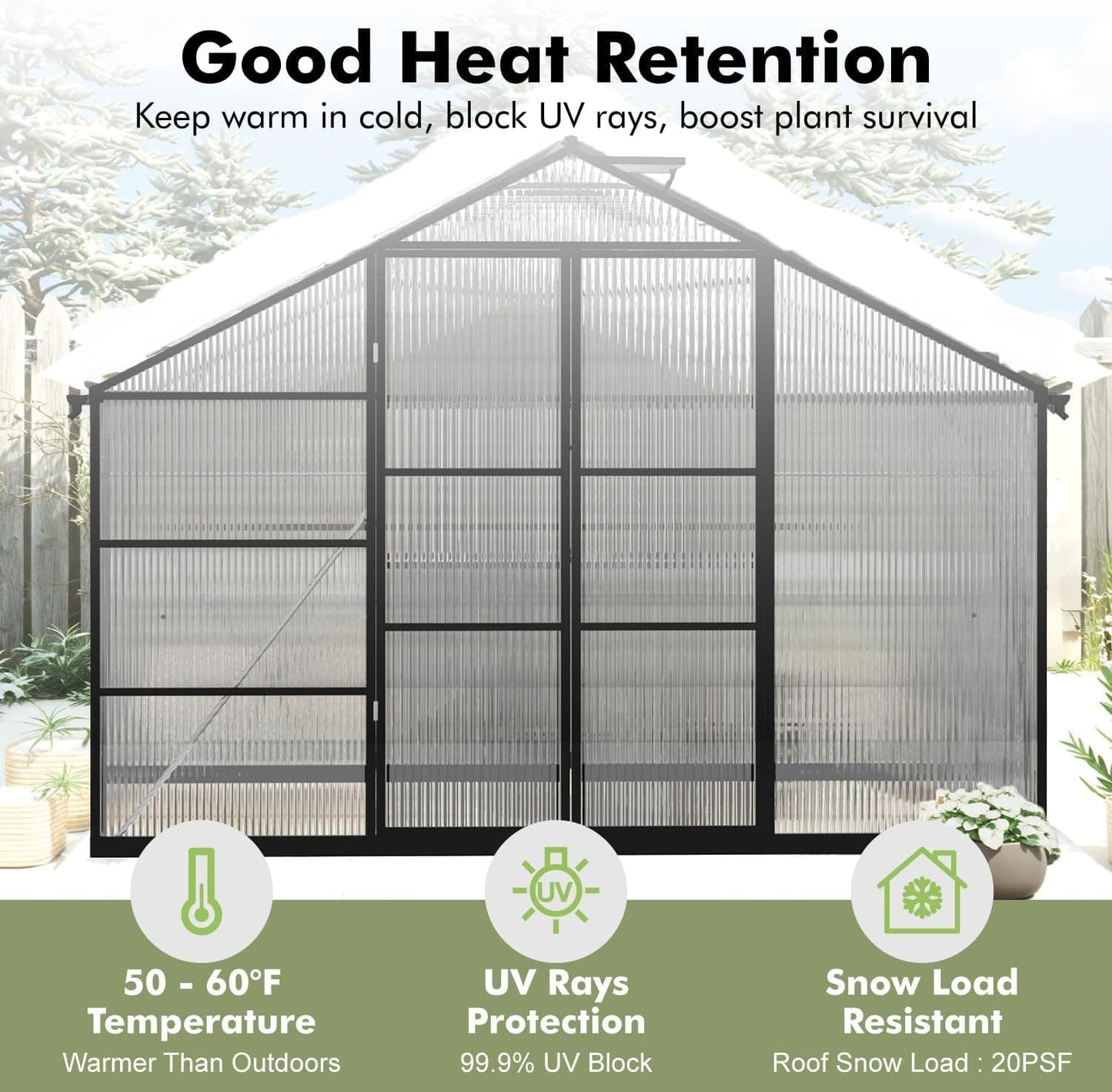 JAIOO 10x12FT Polycarbonate Greenhouse with Aluminum Frame