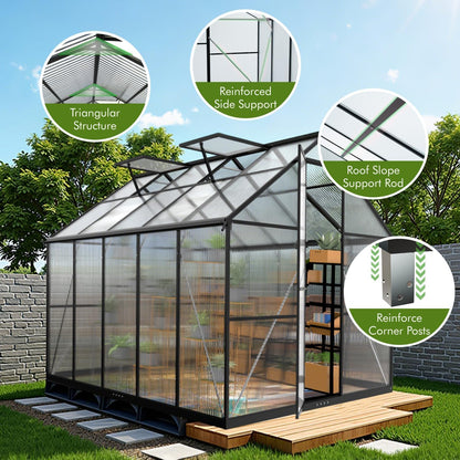JAIOO 8x10FT Polycarbonate Greenhouse with Aluminum Frame