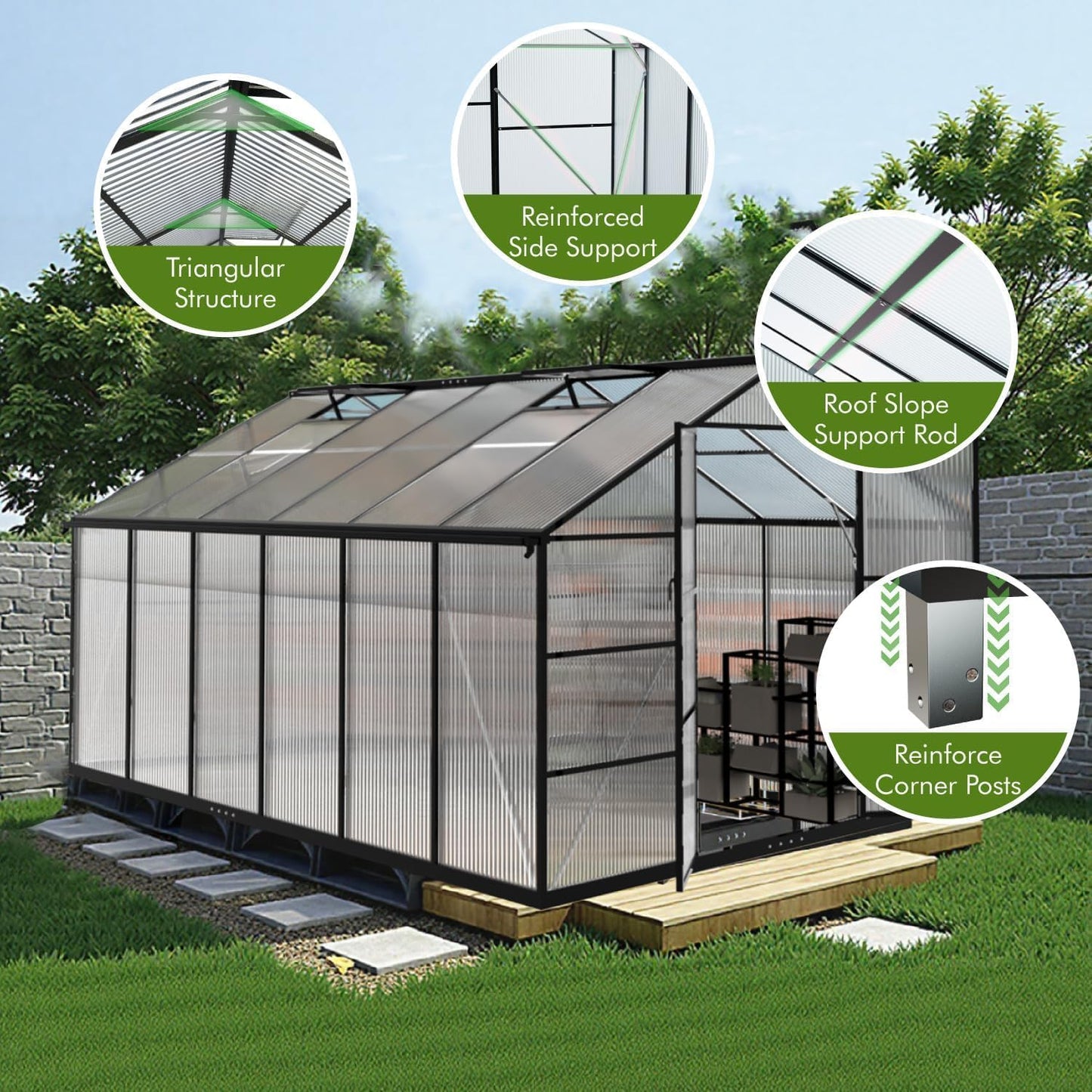 JAIOO 10x12FT Polycarbonate Greenhouse with Aluminum Frame