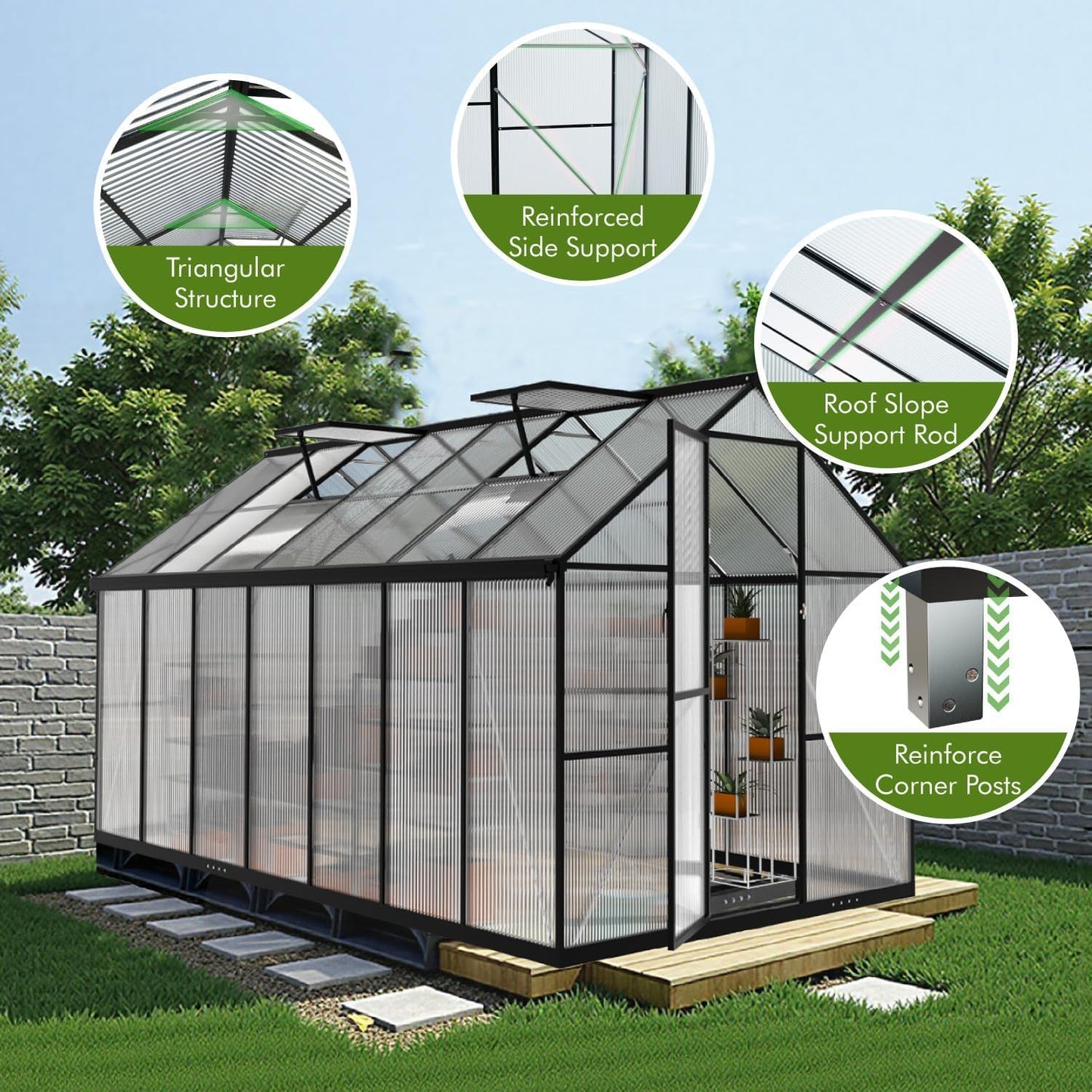 JAIOO 8x14FT Polycarbonate Greenhouse with Aluminum Frame