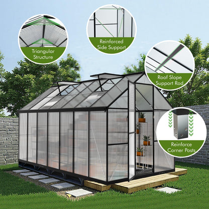 JAIOO 8x14FT Polycarbonate Greenhouse with Aluminum Frame