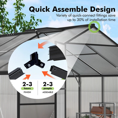 JAIOO 10x12FT Polycarbonate Greenhouse with Aluminum Frame