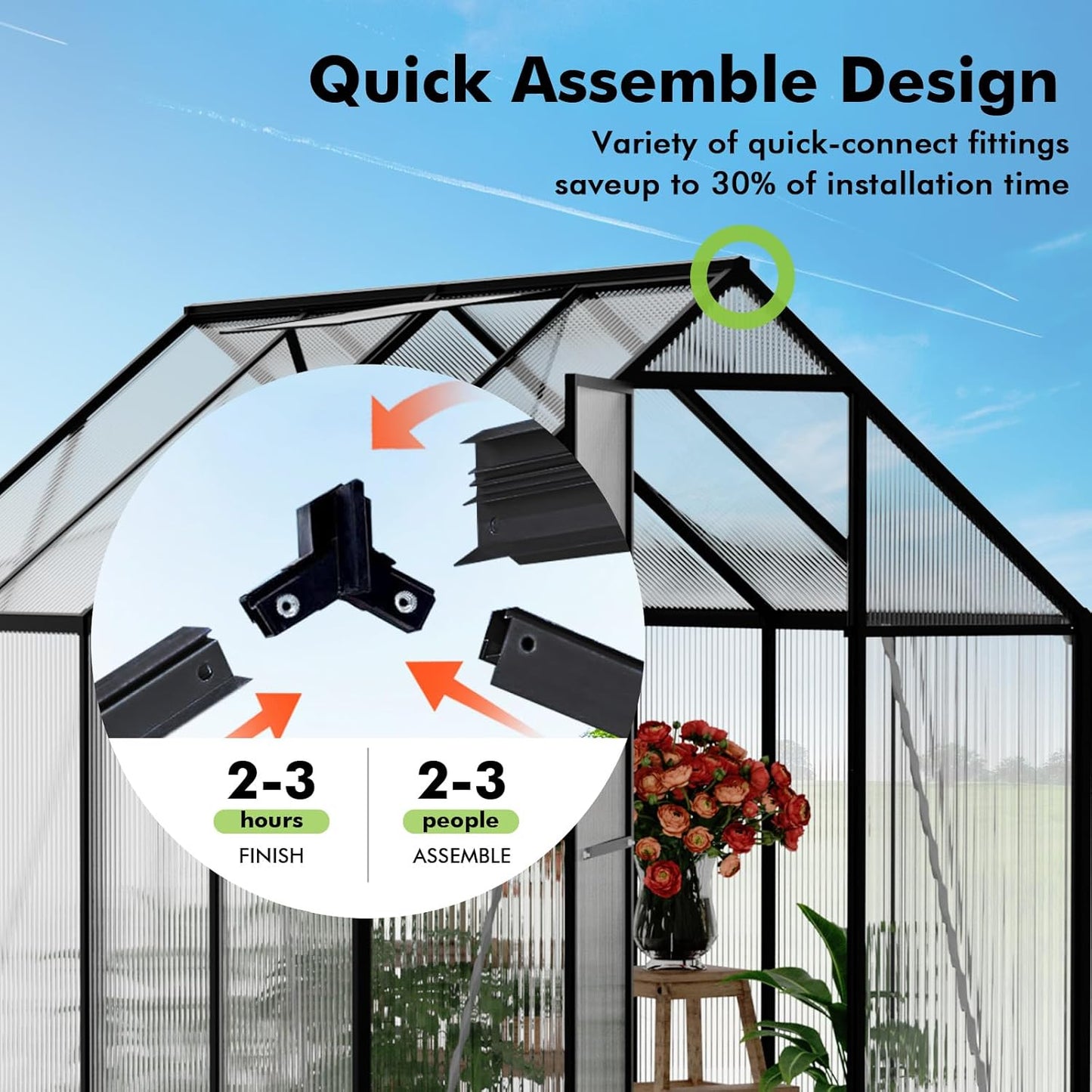 JAIOO 6x8FT Polycarbonate Greenhouse with Aluminum Frame