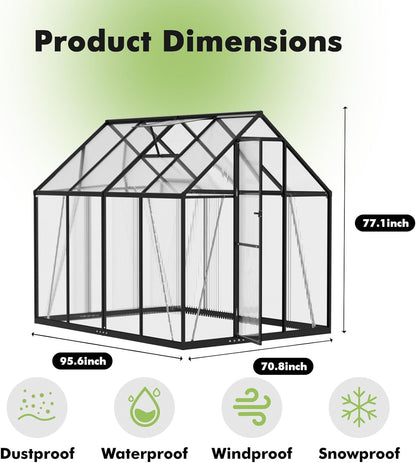 JAIOO 6x8FT Polycarbonate Greenhouse with Aluminum Frame