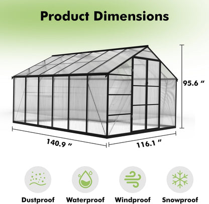 JAIOO 10x12FT Polycarbonate Greenhouse with Aluminum Frame